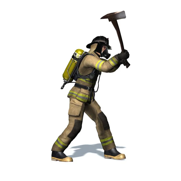 Fire Fighter Breaks Door Axe Isolated White Background Illustration — Stock Photo, Image