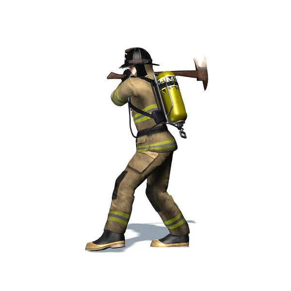 Fire Fighter Breaks Door Axe Isolated White Background Illustration — Stock Photo, Image