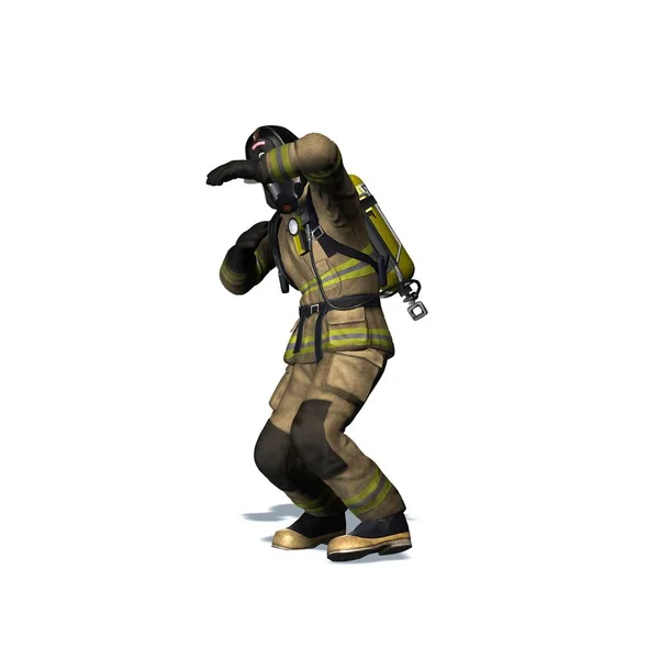 消防战士从火焰撤退 隔离在白色背景 3D插图 — 图库照片