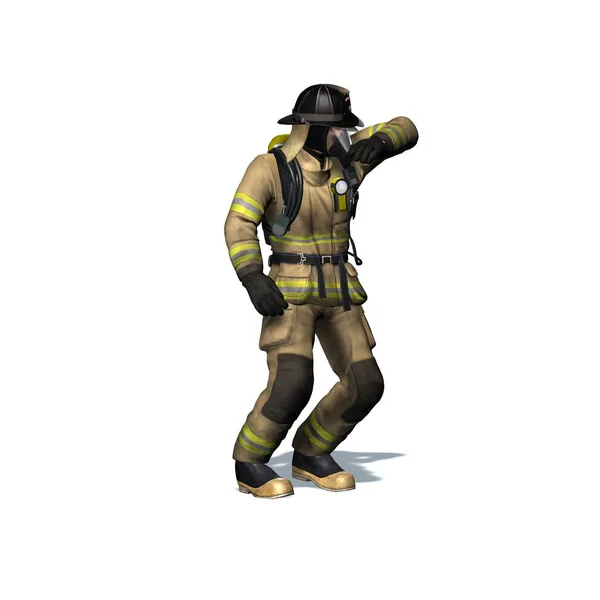 炎から撤退消防士 白い背景に隔離 3Dイラスト — ストック写真