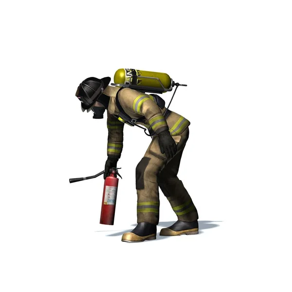 消火器付き消防士 白い背景に隔離 3Dイラスト — ストック写真