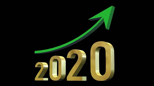 Year 2020 Golden Digits Green Ascending Arrow Isolated Black Background — 图库照片