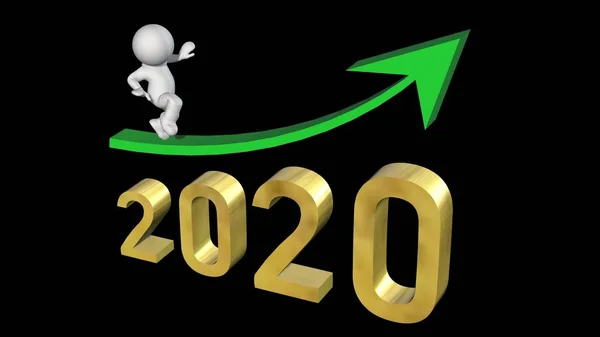 Year 2020 Golden Digits Green Ascending Arrow People Isolated Black — Stock Photo, Image