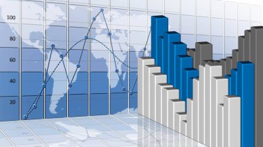 Finans ve iş grafik ve grafikler - Duvarda toprak haritası ve trend çizgileri ile İş arka plan - 3d illüstrasyon