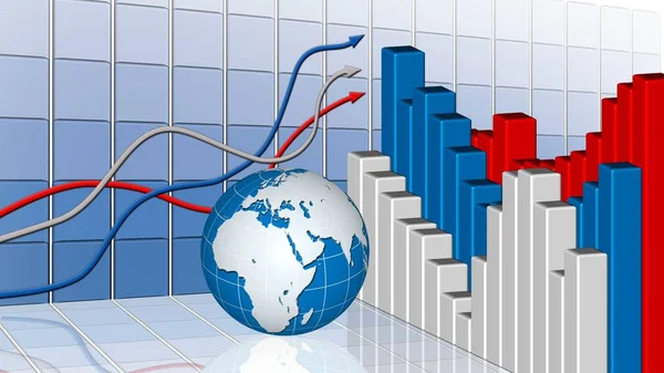 財務およびビジネスチャートとグラフ 青い投影壁に地球とトレンドラインを持つビジネス背景 3Dイラスト — ストック写真
