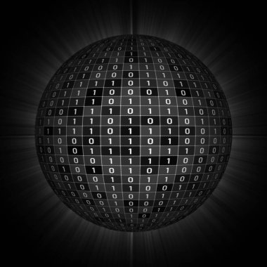 Siyah arkaplanda izole edilmiş rastgele ikili sayıların küresi - güvenlik iş konseptinde dijital veri için ikili kod - 3D illüstrasyon