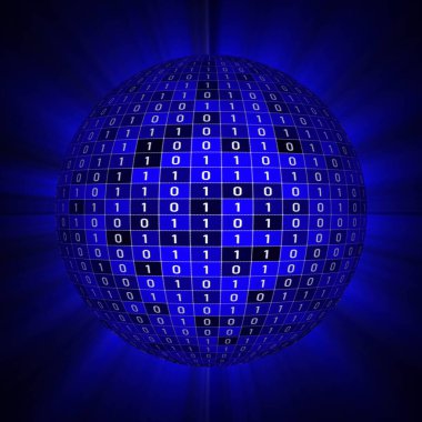Rastgele ikili sayılara sahip yoğun parlayan top veya küre - koyu mavi arkaplana karşı farklı mavi elementlerden oluşur - 3D illüstrasyon