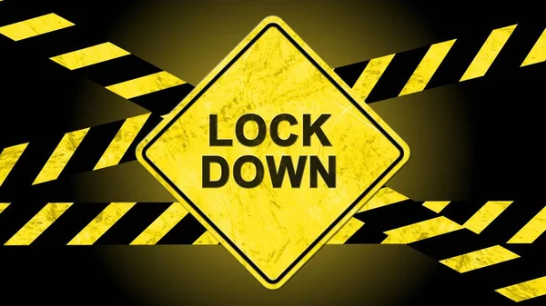 示警标志上的Lockdown字体 带有黑色和黄色的示警带 背景为黑色 3D插图 — 图库照片
