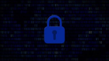 İnternet güvenlik kavramı - Pulsave dalgalarının merkezinde güvenlik sembolü olarak kapalı asma kilit - siyah arkaplanda mavi renkli grafikler