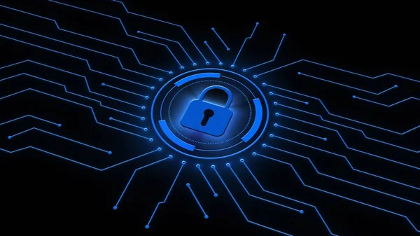 Digital security concept - closed padlock in center of concentric rings and data circuit lines - graphic elements in blue color on black background - 3D illustration