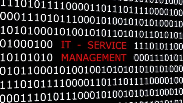 ITSM Information Technology Service Management concept - red lettering integrated into a binary code screen made of white digits on a black background - 3D illustration