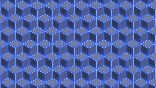 アブストラクト背景 エッジに半透明のネオンライトを持つ青の色のアイソメトリックキューブの壁 3Dイラスト — ストック写真
