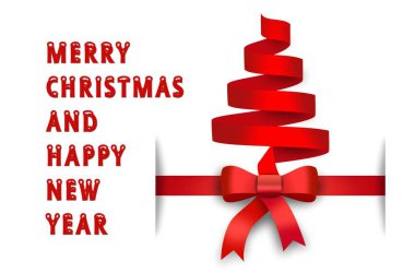 Noel ağacı olarak kırmızı kurdeleli Noel tebrik kartı ve beyaz arka planda kırmızı fiyonk - Mutlu Noeller ve Mutlu Yeni Yıl yazıları - 3D illüstrasyon