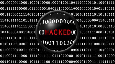 Beyaz ikili kodla dolu siyah bir ekranın önünde büyüteç ile gösterilen HACKED kırmızı harfleri - 3D illüstrasyon