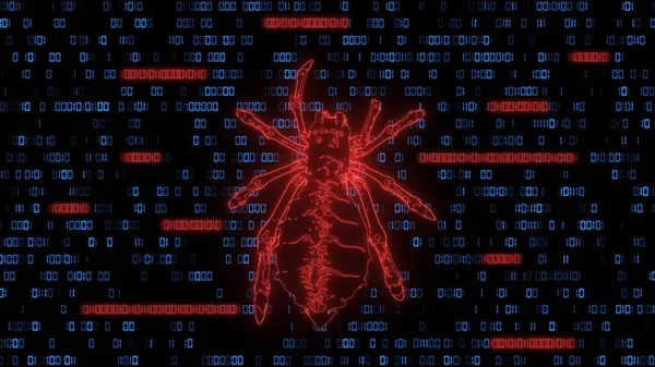 Dangerous dark red low poly spider over binary code background - stylized hacker attack in matrix style - digits in blue and translucent red color on a black background - 3D illustration