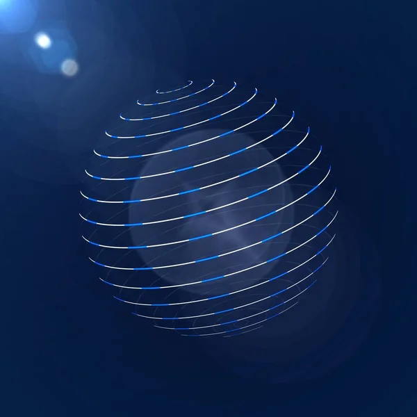 透明球とリングの周りに明るい青と白の色を持つ抽象的なグラフィック要素 効果ライトと濃い青の背景に表示されます 科学技術の概念 3Dイラスト — ストック写真