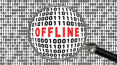 OFFLINE - Siyah ikili kodla dolu beyaz bir ekranın önündeki büyüteçle gösterilen kırmızı harf - 3D illüstrasyon
