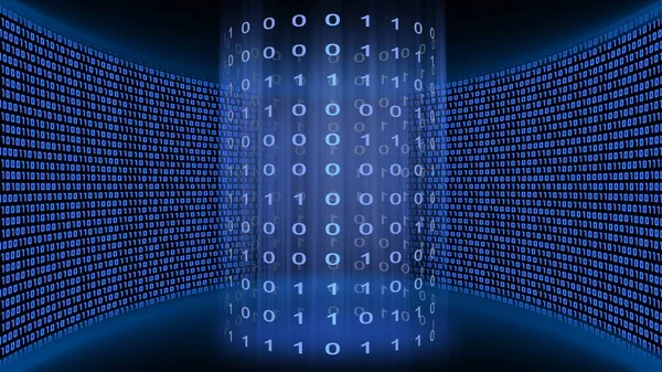 Abstract data flow background - binary code arranged in cylinder form with light effects in front of a virtual studio wall made of binary code glowing in blue color - 3D illustration