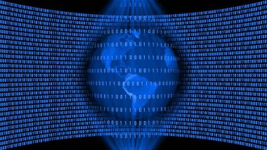 Soyut veri akışı arkaplanı - çift taraflı koni şeklindeki bir ışık demetinin içindeki ikili kod çizgilerinin arkasındaki toprak küre - kraliyet mavisi renginde ikili kod sanal stüdyo duvarı önünde - 3D illüstrasyon