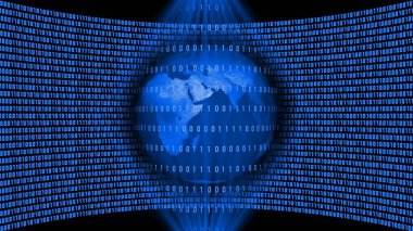 Soyut veri akışı arkaplanı - çift taraflı koni şeklindeki bir ışık demetinin içindeki ikili kod çizgilerinin arkasındaki toprak küre - kraliyet mavisi renginde ikili kod sanal stüdyo duvarı önünde - 3D illüstrasyon