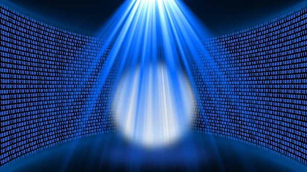 Abstract data flow background - bright blue shining light beam in the shape of a cone with integrated floating sphere in front of a virtual studio wall of binary code glowing in blue color - 3D illustration