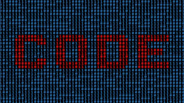 CODE - lettering in red shown as part of a binary code screen consisting of royal blue digits on black background - 3D illustration