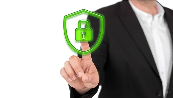 Businessman touching on global network and data customer connection icon - Protection network security computer and safe your data concept - business, technology and internet concept