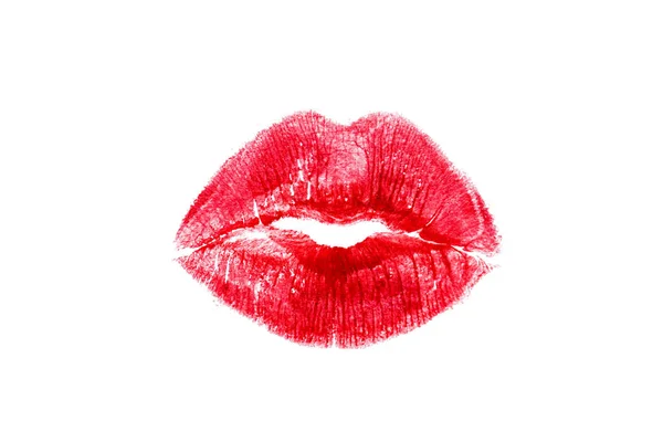 Batom Vermelho Marca Belos Lábios Grandes Beijo Isolado Fundo Branco — Fotografia de Stock