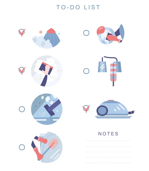 Düz bir tarzda temizlik kontrol listesi. Düz vektör simge seti