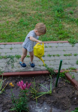 Küçük çocuk çiçekleri sulamayı yardımcı olur