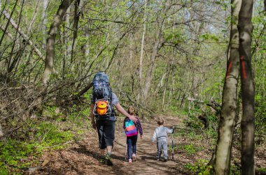 Aile yürümek ya da erken ilkbaharda ormanda yürüyüş
