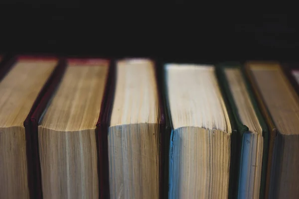 Eski açık ders kitabıyla kütüphanede kitap, okuma masasında edebiyat metin arşivi yığını ve akademik eğitim öğrenme kavramı için okul çalışma odası arka planındaki kitaplıklar.