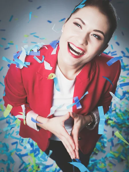 Portreit beautiful happy woman at celebration party with confetti .Birthday or New Year eve celebrating concept. — Stock Photo, Image