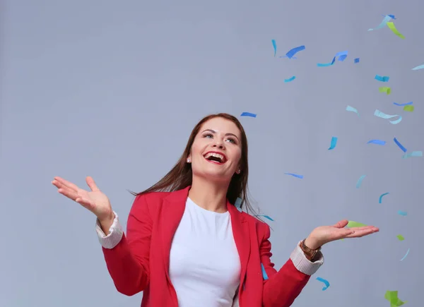 Beautiful happy woman at celebration party with confetti .Birthday or New Year eve celebrating concept. — Stock Photo, Image