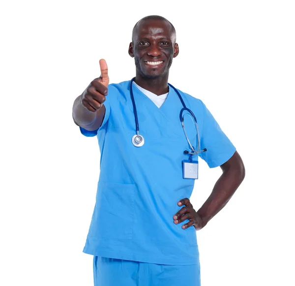 Retrato de um médico de pé isolado sobre fundo branco. Doutor... Clínica — Fotografia de Stock