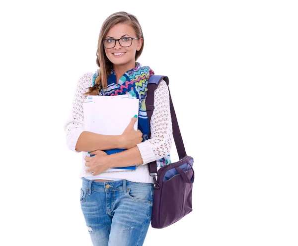 Retrato de una joven estudiante sosteniendo libros de ejercicios. Estudiante. Universidad — Foto de Stock