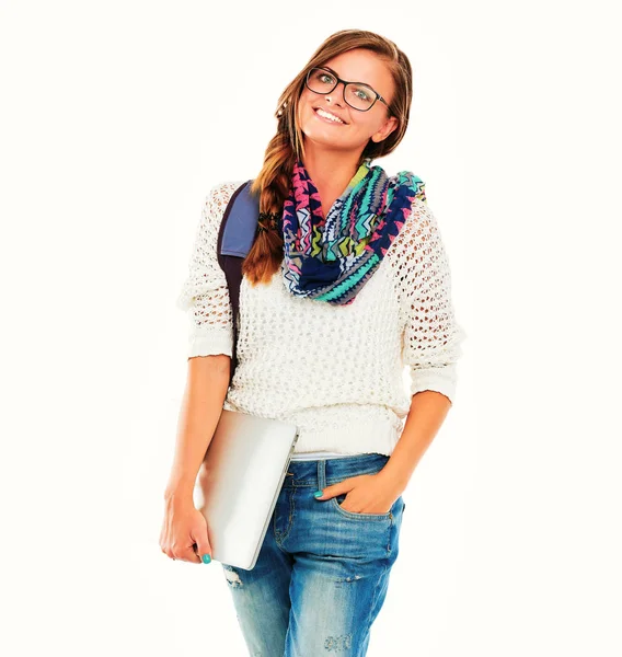 Portrait of a young student woman holding exercise books. — Stock Photo, Image