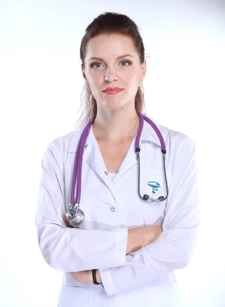 Portrait of young woman doctor with white coat standing in hospital . Portrait of young woman doctor — Stock Photo, Image