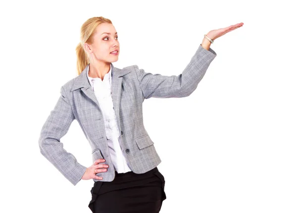 Full length portrait business woman shows something, isolated on white background — Stock Photo, Image