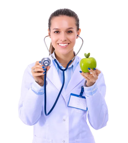 Lekarka badająca jabłko stetoskopem. Lekarki — Zdjęcie stockowe