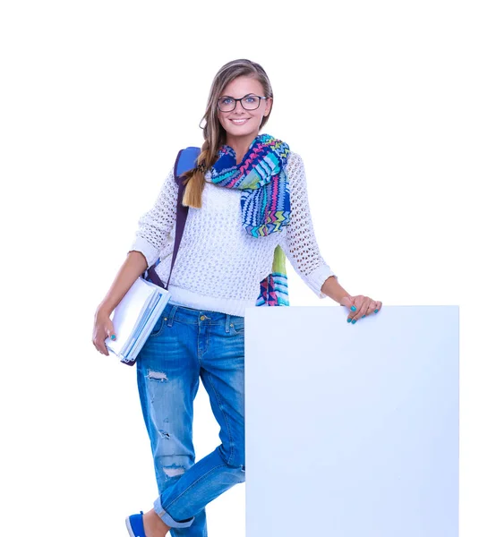 Hermosa estudiante señalando en el tablero en blanco. Estudiante . —  Fotos de Stock