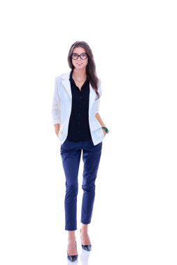 Duran, beyaz arka plan üzerinde izole genç kadın. Genç kadın.