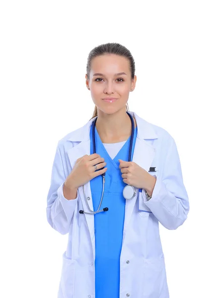 Mulher bonita em casaco branco posando com a mão no bolso. Mulher médica — Fotografia de Stock