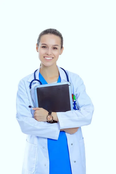 Mooi jong vrouwtje met tablet computer. Vrouwelijke artsen — Stockfoto