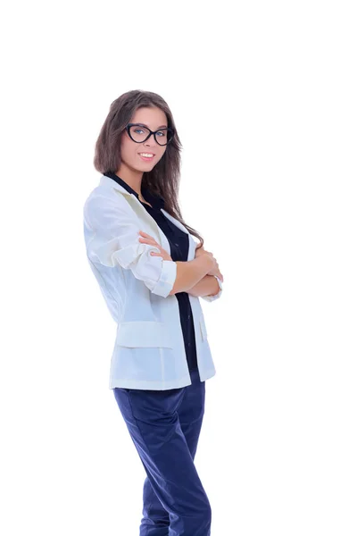 Jovem de pé, isolada sobre fundo branco. Jovem mulher . — Fotografia de Stock