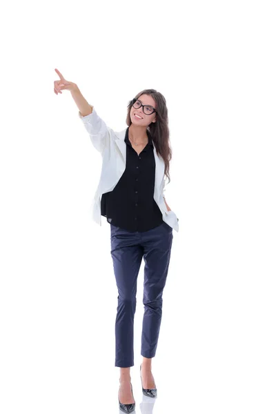 Geschäftsfrau zeigt mit dem Finger in die Kamera. Vereinzelt auf weißem Hintergrund. Geschäftsfrau — Stockfoto