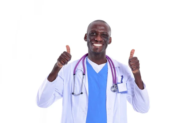 Portrét doktora stojícího izolovaně na bílém pozadí. Doktore. Klinika — Stock fotografie