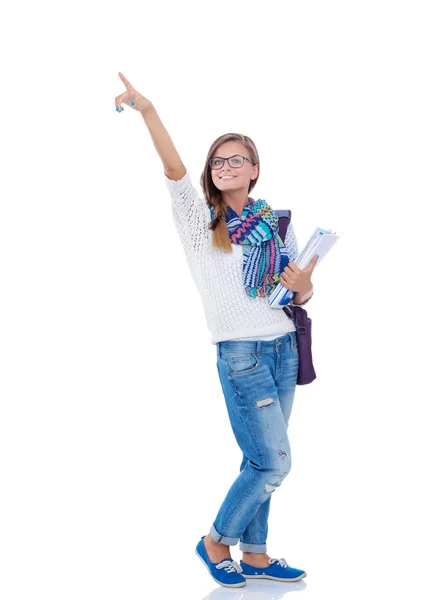 Porträtt av ung student kvinna som håller övningshäften. Student. Universitet — Stockfoto
