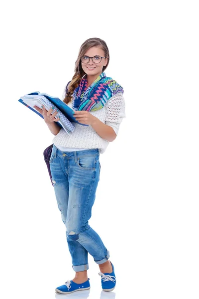 Krásná mladá žena s knihami, izolované na bílém pozadí. Studentka — Stock fotografie