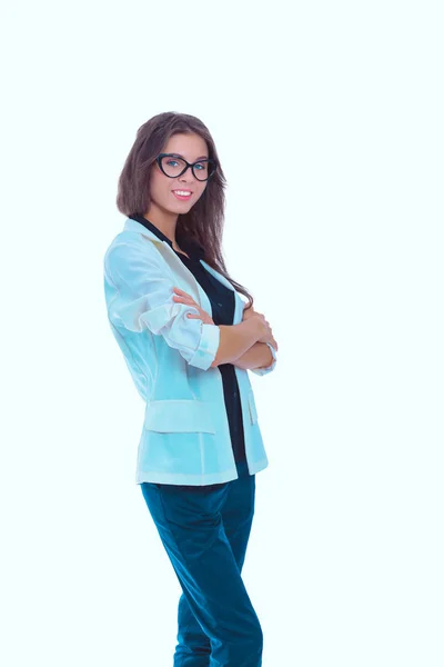 Mujer joven de pie, aislada sobre fondo blanco. Mujer joven . —  Fotos de Stock